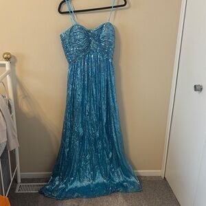 La Femme Strapless Sequin Twist Front Sweetheart Maxi Gown